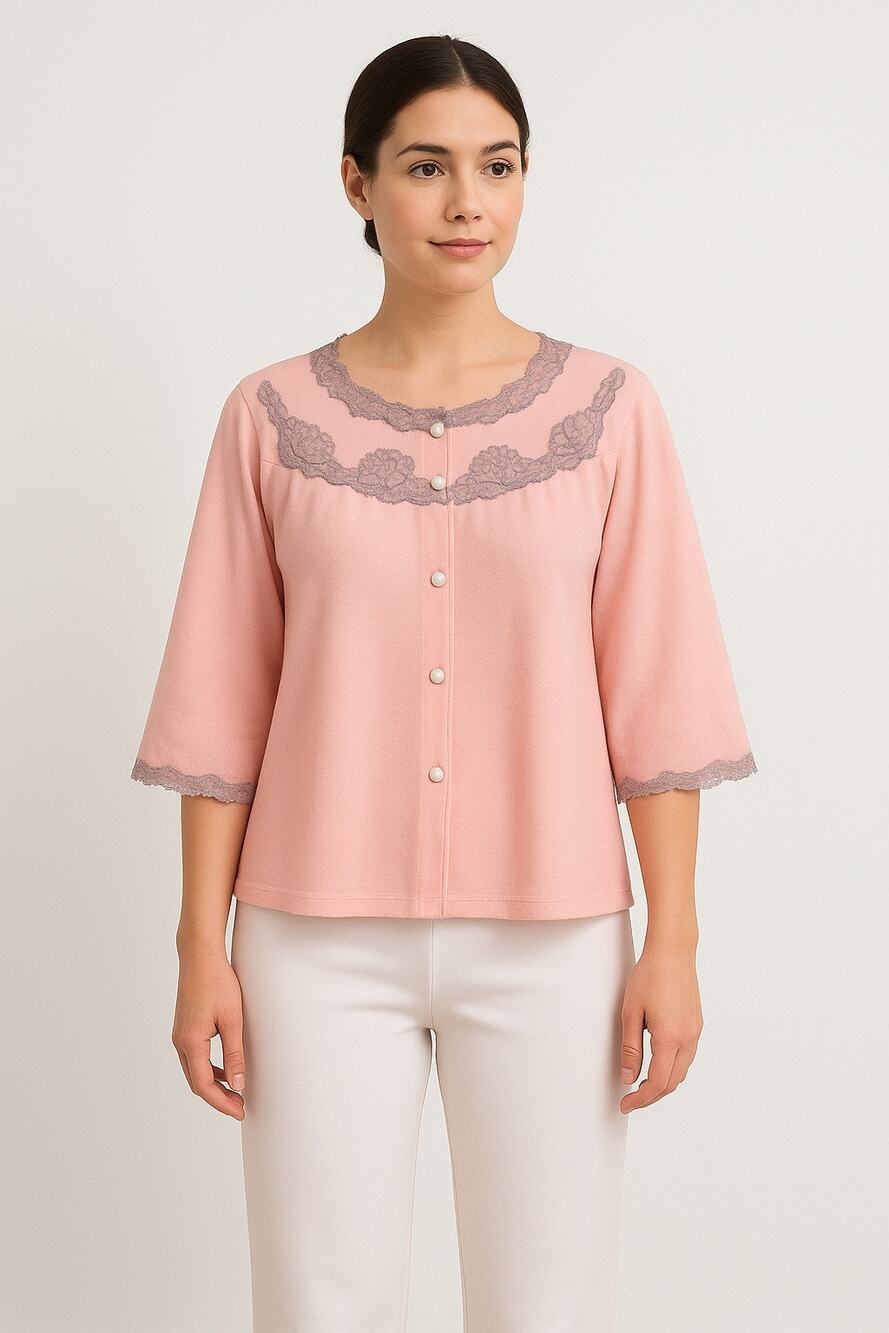 Vintage 1950s Sears Roebuck Charmode Pink Nylon Bed Jacket Lace Yoke medium